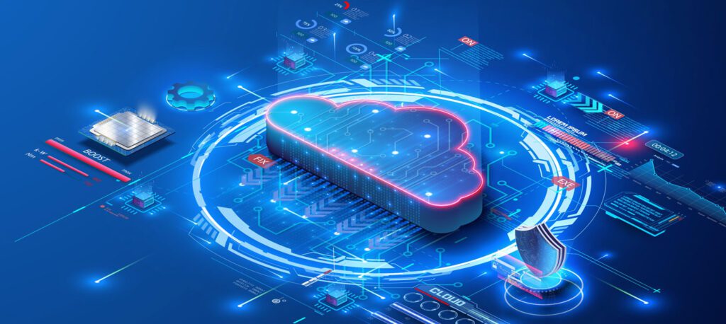 Cloud storage for unloading an isometric. A digital service or data transmission application. Network computing technologies. The futuristic server. Digital space. Data storage. Vector illustration